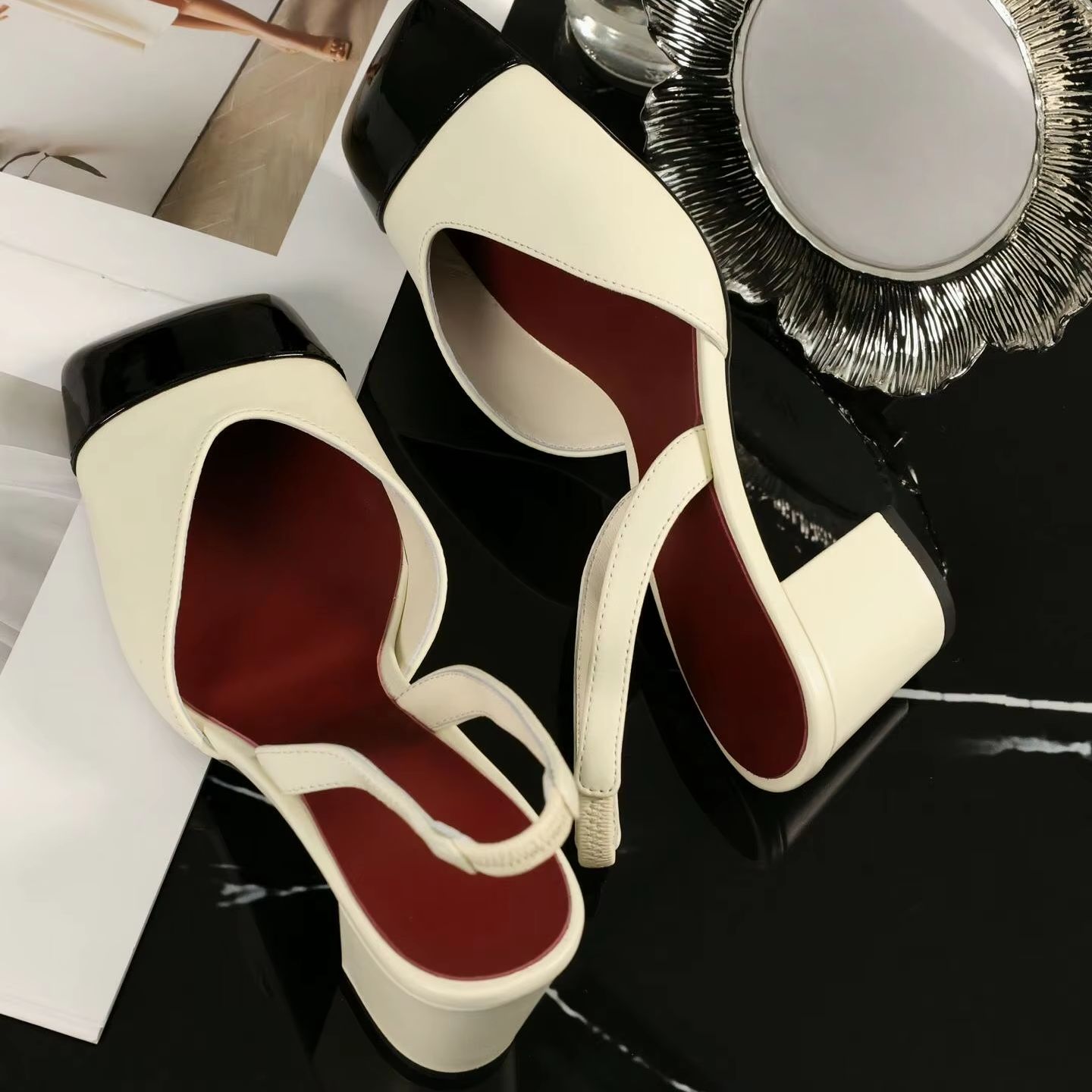 Women Shoes Black - Women Slingback Pumps Two Tone Cream