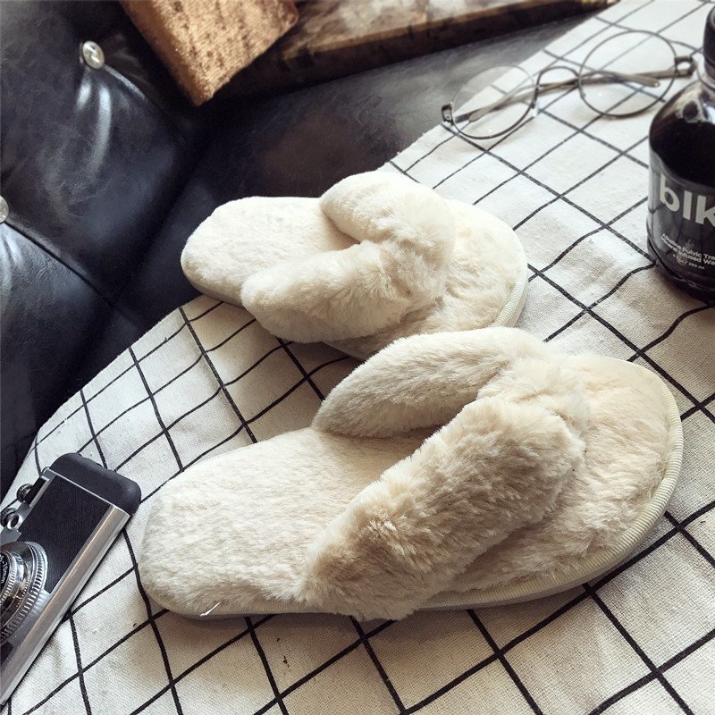 Women Shoes For Winter - Cross Warm Fluffy Furry Slippers Women